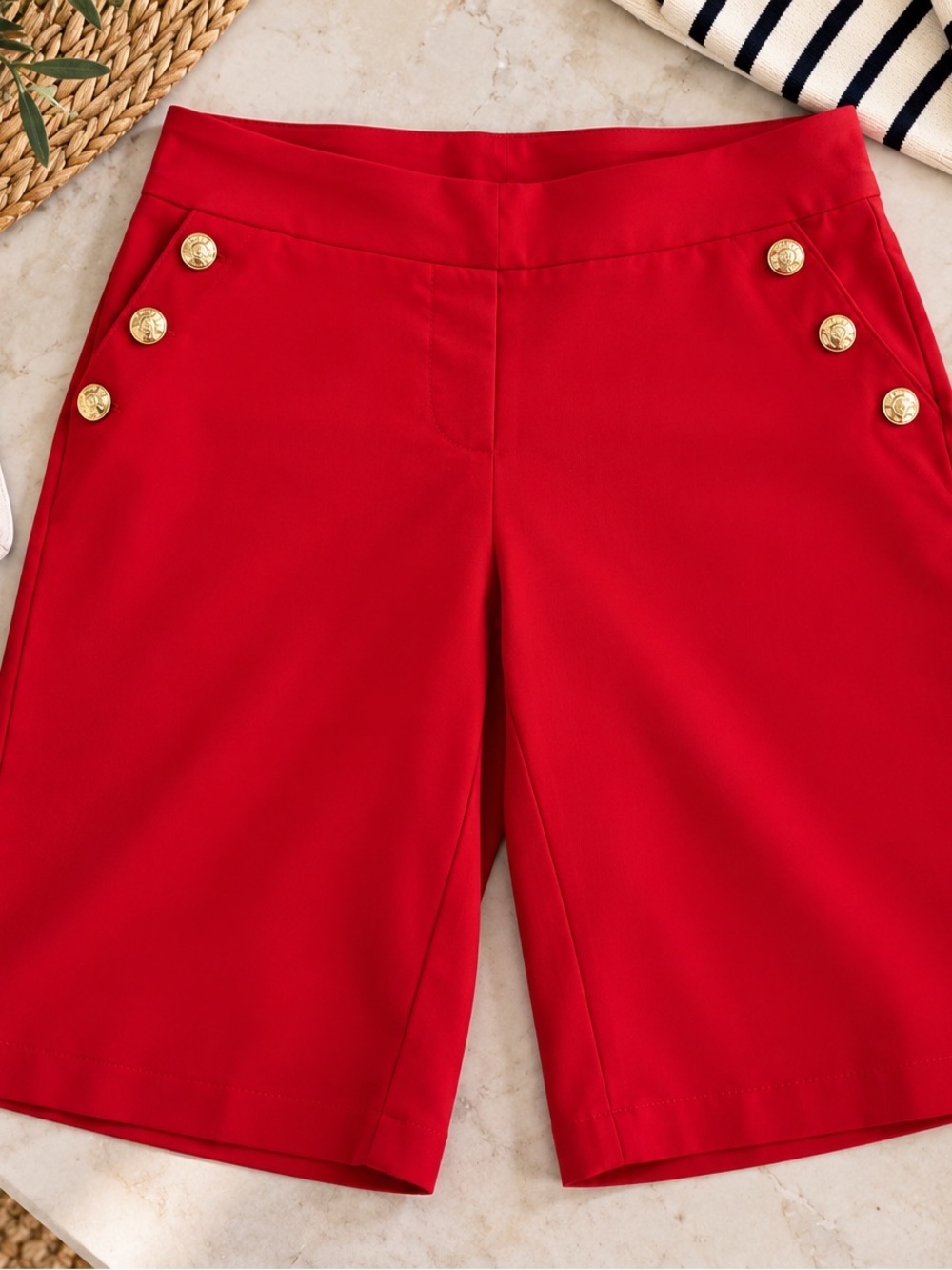 Red High-Waist Sailor Button Bermuda Shorts